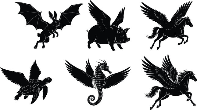 Flying Pig, Jackalope, Winged Turtle, Hippocampus, and Pegasus Fantasy Collection