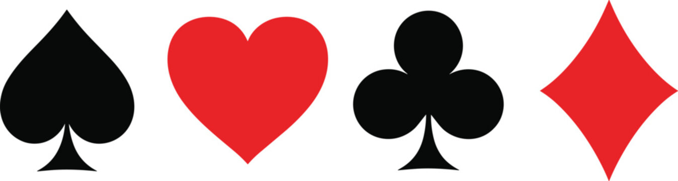 Playing Card Suits Icon Set, Spades Hearts Clubs and Diamonds Vector Symbols for Poker and Casino