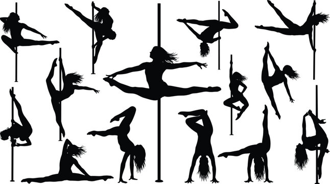 Pole Dance Silhouettes Collection of Athletic Female Acrobats Performing Artistic Fitness Poses Vector Illustration