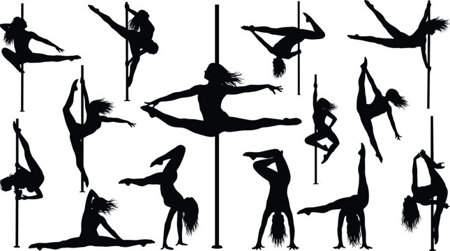 Pole dancing silhouettes vector set of acrobatic women figures posing on pylon for fitness and sport design.