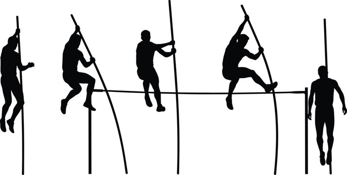 Pole Vault Athlete Silhouettes Set Vector Illustration of Track and Field Sportsman Jumping