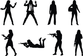 Secret agent woman silhouettes set featuring female spies with pistols and rifles in various action poses.