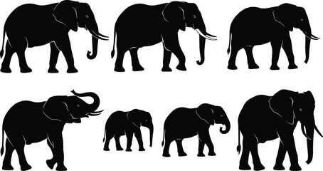 Set of African elephant silhouettes walking and standing vector illustration isolated on white background