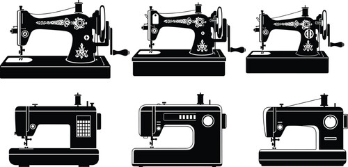 Set of Antique and Modern Sewing Machine Silhouettes Vector Illustration Featuring Tailor Equipment in Black and White Style