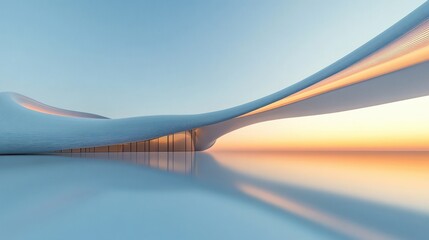 futuristic smooth white architectural structure with curved elongated form reflecting on glossy surface at sunset under a clear sky