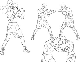 Set of Boxing Sport Vector Illustrations Featuring Men in Fighting Stance and Sparring Action in Black and White Line Art Style