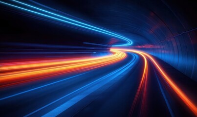 Curved tunnel with vibrant blue and orange light trails creating a dynamic and futuristic effect suggesting speed and motion