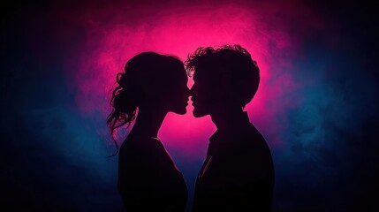 Silhouettes of a couple facing each other intimately with a glowing pink and blue smoky background evoking romance and connection