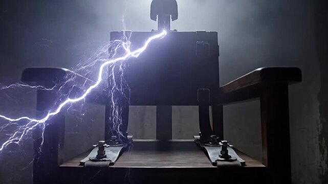Dramatic electric chair execution scene with powerful purple electricity arcing within dark prison chamber