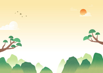 Vector illustration of a landscape with sun and mountains.