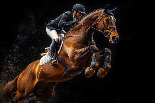 equestrian rider jumping a powerful brown horse with protective gear in intense competition against black background