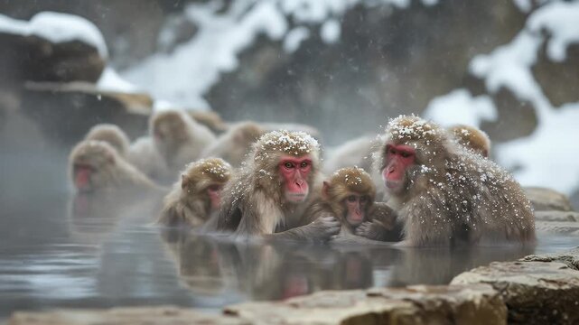 Japanese Macaques Monkeys Bathing In Hot Spring Snow Fall Gentle Steam