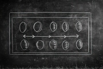 chalkboard drawing of a football play diagram with footballs and directional arrows inside a rectangular field boundary