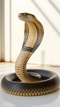 Majestic cobra poised to strike, its hood flared in a defensive posture