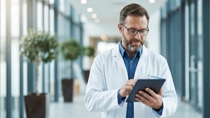 Male doctor using digital tablet in bright modern hospital corridor, concept of digital healthcare, telemedicine and medical technology - Powered by Adobe