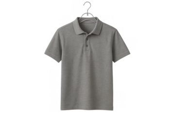 Gray polo shirt hanging on transparent plastic hanger, blank apparel for branding or casual wear mockups