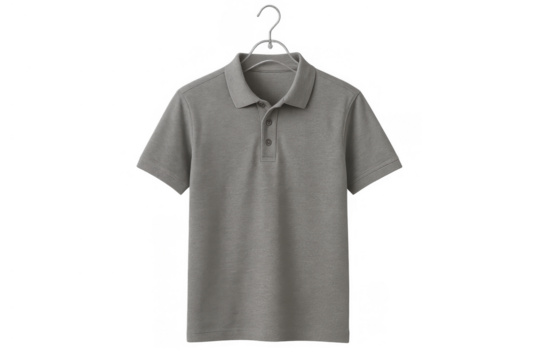 Gray polo shirt hanging on transparent plastic hanger, blank apparel for branding or casual wear mockups - Powered by Adobe
