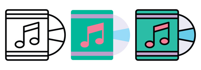 DVD Disc Vector Icon Set in Outline, Colour And Flat Style