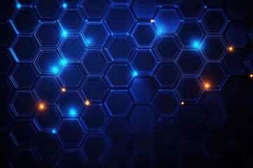 Abstract dark blue hexagonal pattern with glowing blue and orange light points creating futuristic technology feel