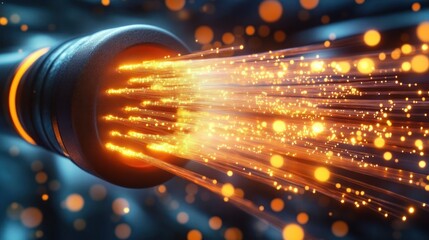 Close-up of glowing fiber optic cable strands emitting bright orange light particles in a dark environment conveying high-speed data transmission
