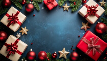Festive Christmas background with gift boxes, baubles, and fir branches, perfect for holiday designs