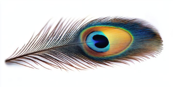Close-up of a vibrant peacock feather with iridescent blue, green, yellow, and brown hues on a white background - Powered by Adobe