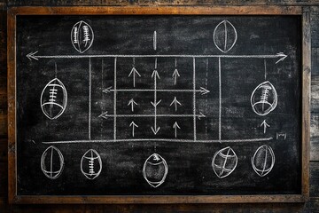 Chalkboard with a strategic American football play diagram showing field layout, football icons, arrows indicating player movements and directions