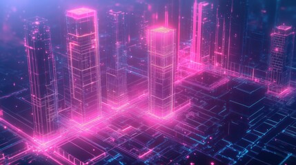 Futuristic glowing wireframe cityscape with neon pink and blue skyscrapers and streets emitting digital light and particles