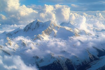 Snow-covered mountain peaks rising above thick clouds under a blue sky with large fluffy clouds, evoking a serene and majestic atmosphere