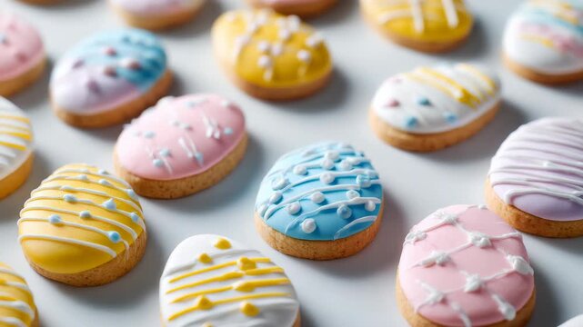 Colorful Easter egg cookies with pastel icing and sugar sprinkles