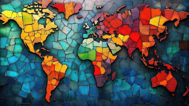 vibrant mosaic world map with various colorful fragmented tiles representing continents and oceans