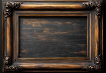 ornate rectangular wooden frame with dark burnt finish and carved decorative corners