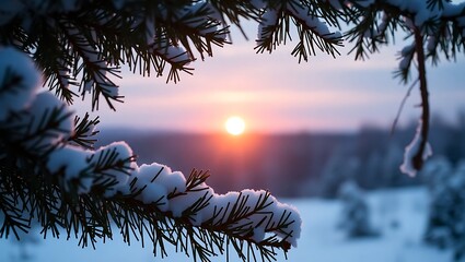 Snowy pine bough frames a serene winter sunset, casting a warm light on the snow covered landscape