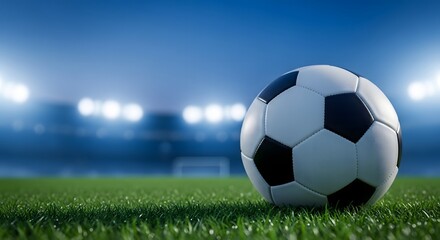 Fototapeta premium Classic black and white soccer ball resting on a vibrant green grass field in a dramatic illuminated stadium at night for a global sporting event concept