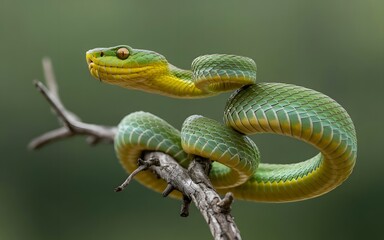 Fototapeta premium Closeup of a bright green and yellow snake coiled on a branch