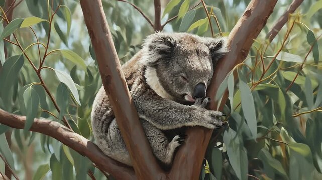 Koala Sleeping Peacefully In Eucalyptus Tree Branches Nature Footage