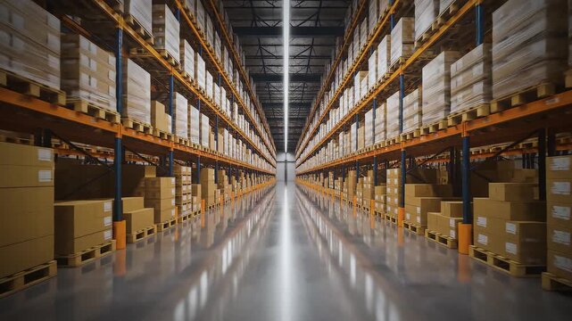 Extensive warehouse with stacked shelves and bright lighting
