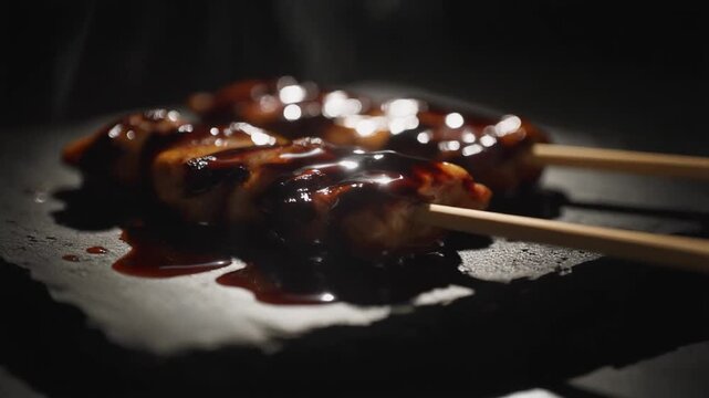 Delicious Chicken Satay Skewers with Glaze and Smoke.