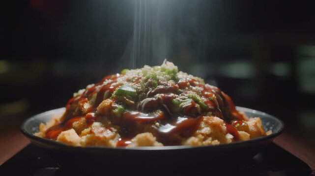 Delicious Chaat Dish with Toppings and Sauce in Dramatic Lighting.