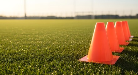 Orange soccer training cones lined up on a green grass field under golden hour sunlight for athletic skill development and soccer training concept