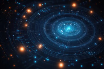 Abstract circular digital network with glowing blue and orange nodes representing data connections and futuristic technology