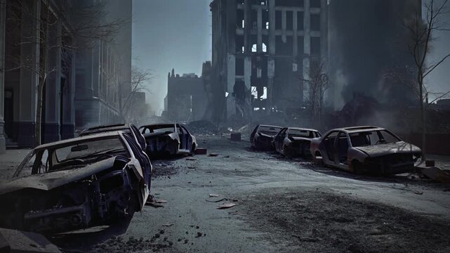 deserted city street with burned cars and ruined tower