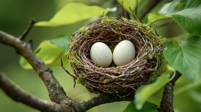 A bird's nest nestled in a tree branch with two eggs resting inside surrounded by green leaves bokeh effect hd video, 4k resolution