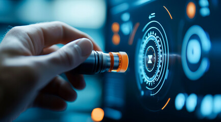 Hand using futuristic device on digital screen data display interface technology