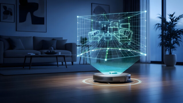 autonomous vacuum displaying holographic room scan