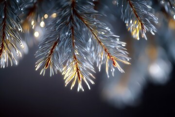 Close up of frosted pine needles adorned with twinkling lights with soft bokeh in the background