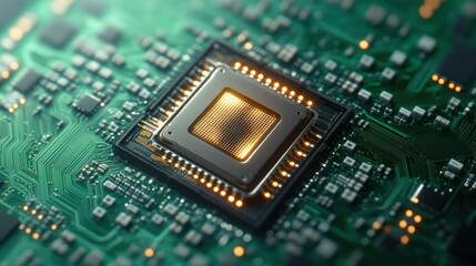 Fototapeta premium Close-up of a glowing computer chip or microprocessor mounted on a green circuit board with intricate electronic components and traces