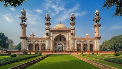 Historic ornate building with four tall minarets, symmetrical arches, and a large dome in a lush garden under a clear blue sky evoking grandeur and tranquility