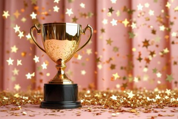 Shiny gold trophy with black base surrounded by golden star-shaped confetti on a soft pink background, symbolizing celebration and achievement