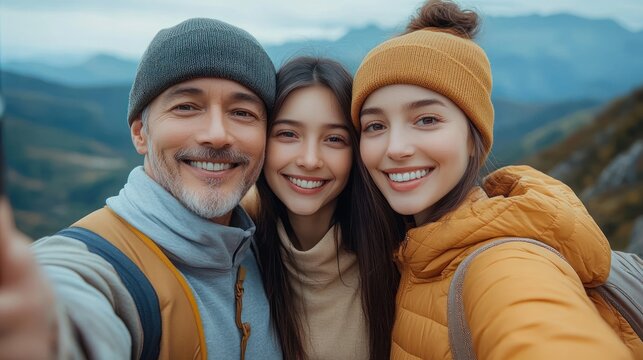 smiling man and two young women wearing winter clothes taking a selfie outdoors with mountains in the background on a clear day - Powered by Adobe